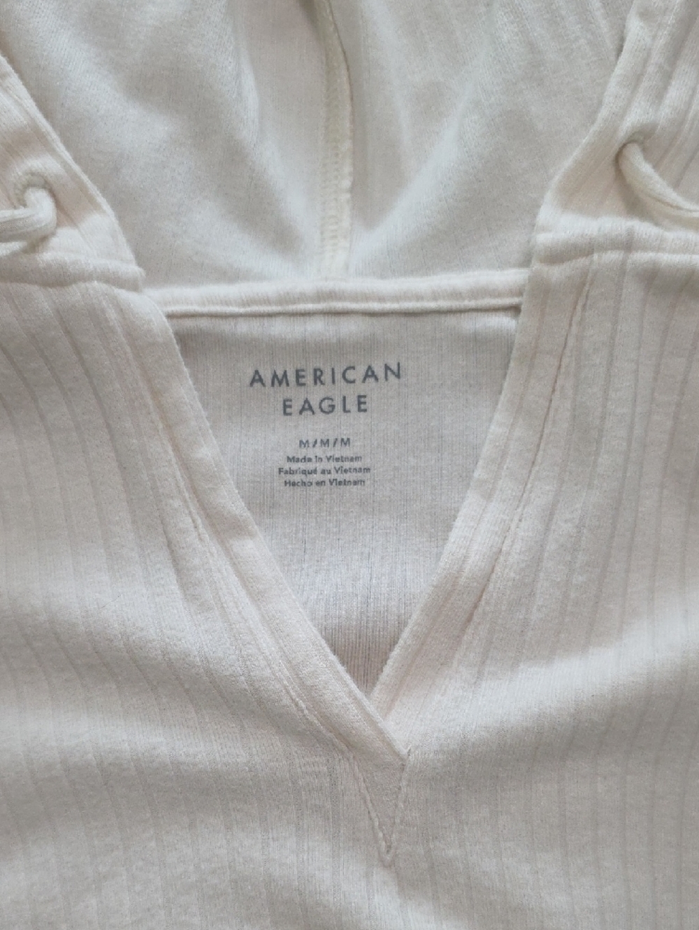American Eagle Outfitters Cream Ribbed Hooded V-Neck Pullover - Picture 2 of 3